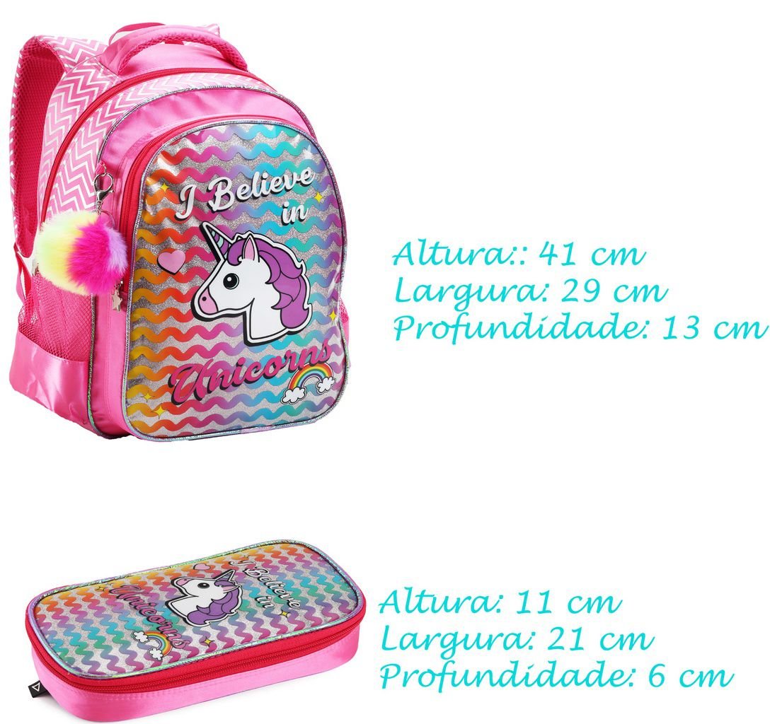 Kit Conjunto Mochila Escolar Feminina Juvenil Infantil Impermeável