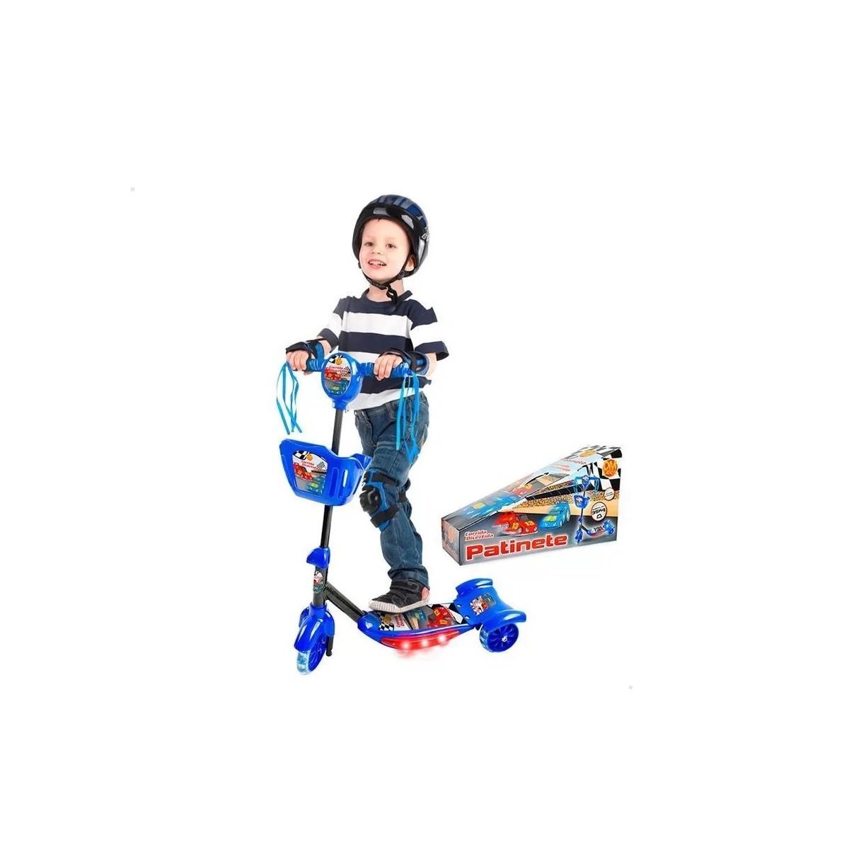 Patinete Rodas Infantil Musical Luzes E Cesta Azul Dm Toys