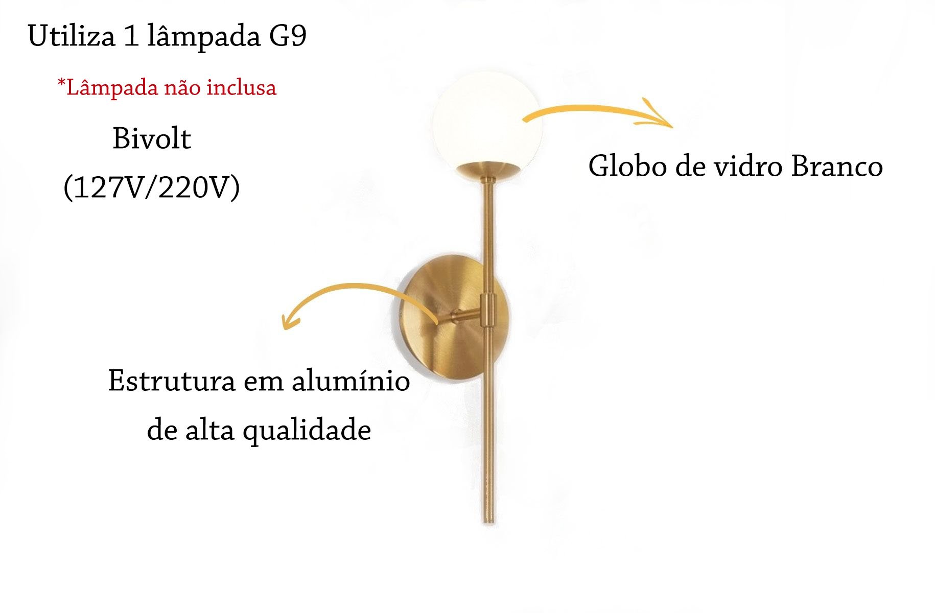 Arandela De Parede Patty Dourada Ball Globo Vidro Branco Lup28