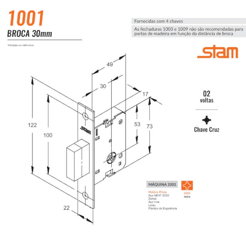 Fechadura Auxiliar Inox Tetra 30mm Stam 1001 MadeiraMadeira