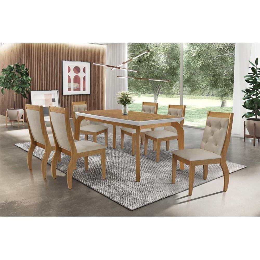 Conjunto Mesa Sala Jantar Londrina Tampo Madeirado C Vidro 180cm 6