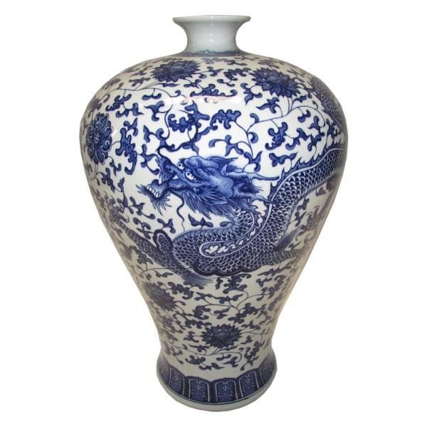 Vaso Decorativo Em Porcelana Oriental Azul E Branco Madeiramadeira