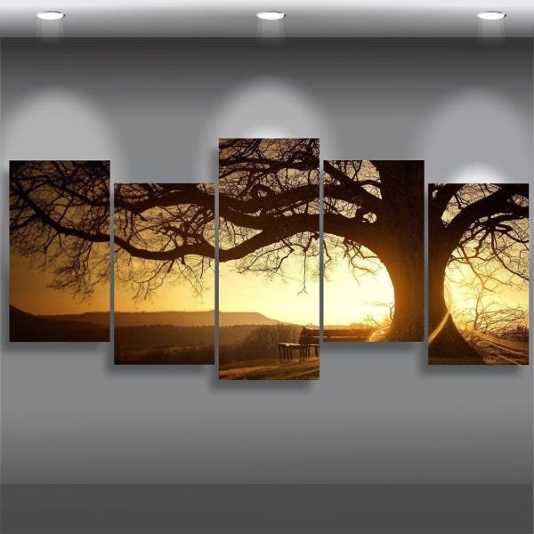 Quadro decorativo Mosaico 5 Peças Árvores Entardecer Paisagem