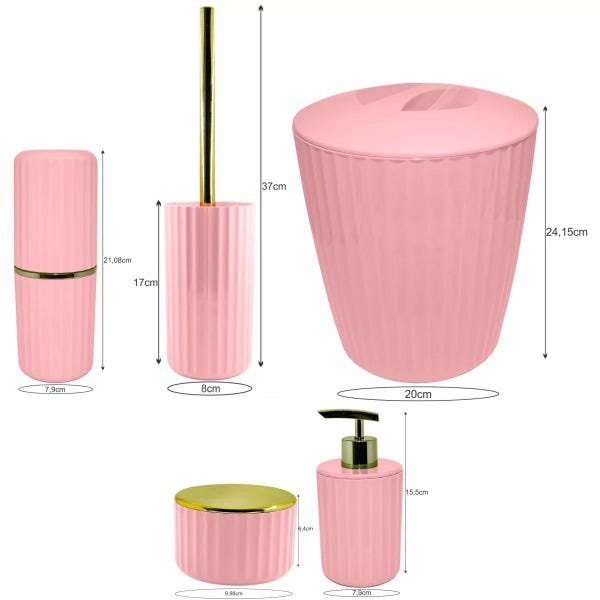 Kit Banheiro Groove 5 Peças Lixeira Porta Escovas Lavabo Luxo Rosa