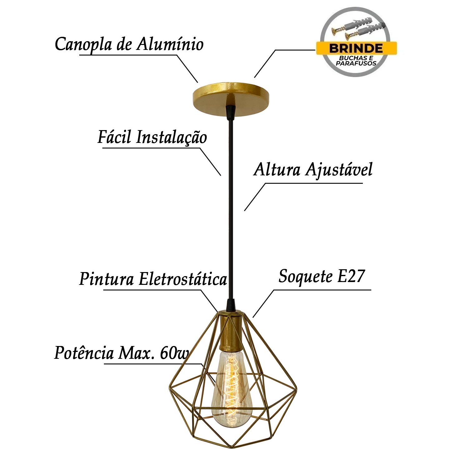 Lustre Pendente Diamante Aramado Dourado MadeiraMadeira