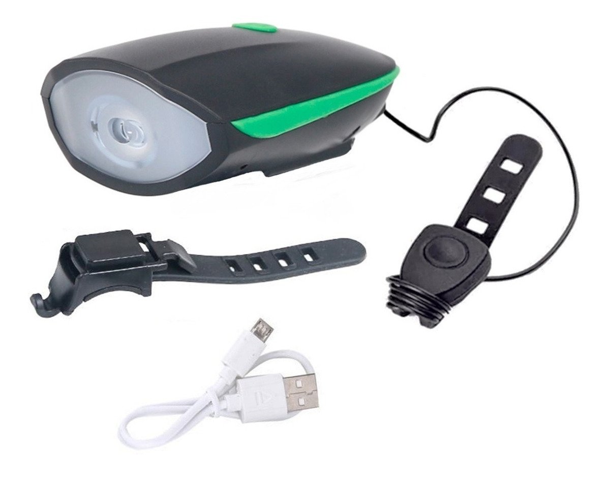 Lanterna Farol Led Bike Recarreg Vel Usb Buzina Db Verde