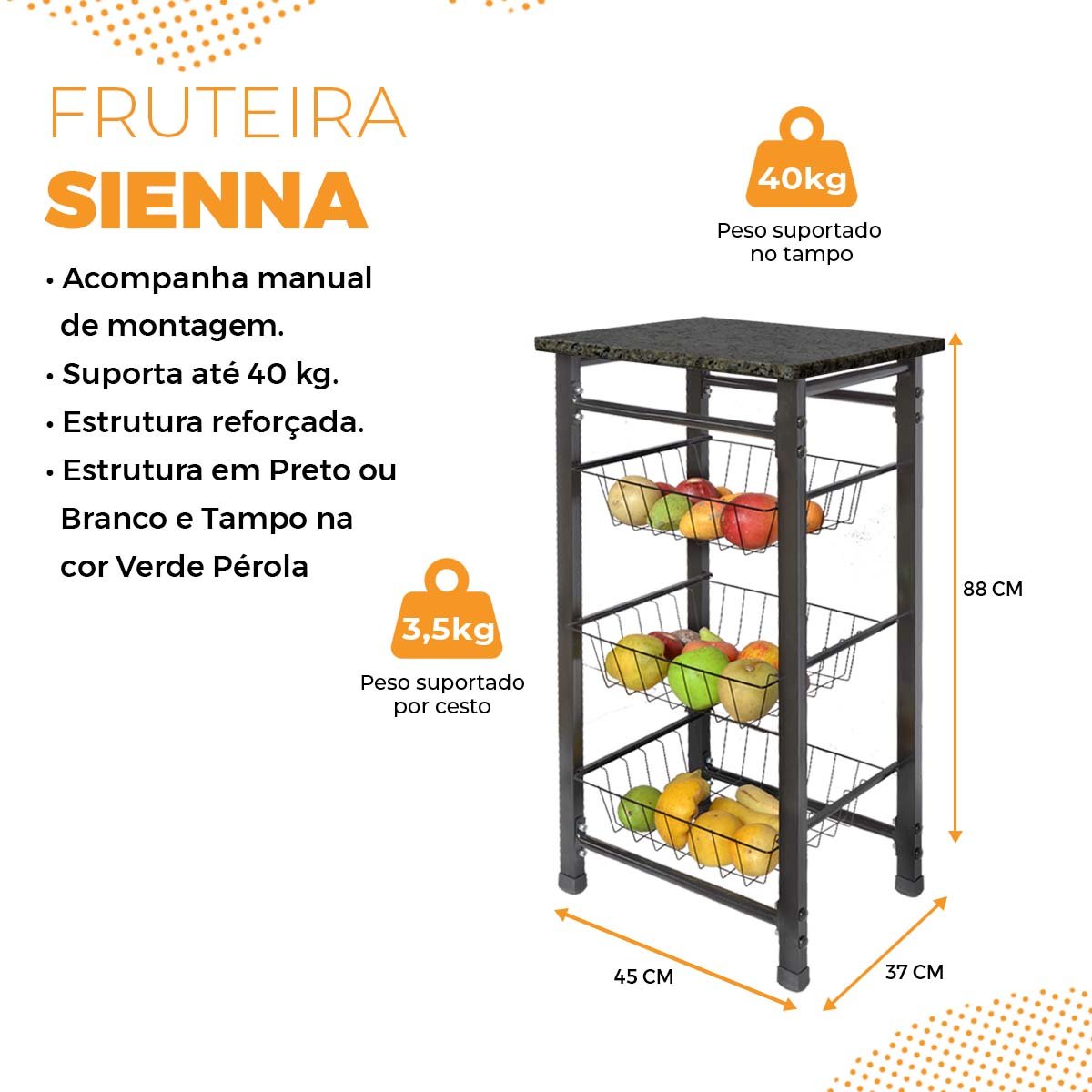 Fruteira Sienna Tampo De Granito Cestos Remov Veis Preta Madeiramadeira