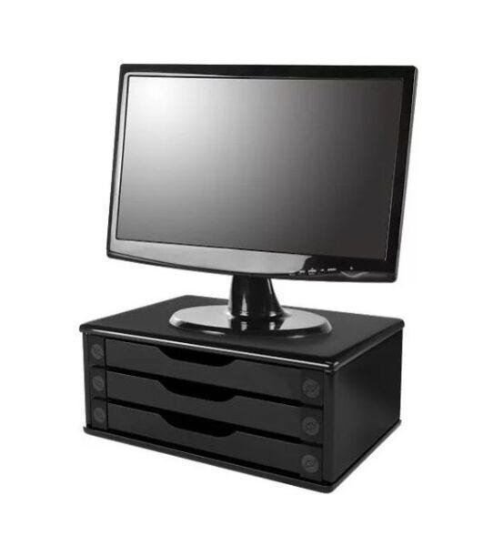 Conj 6 Suportes Para Monitor Em MDF Black Piano 3 Gavetas Black