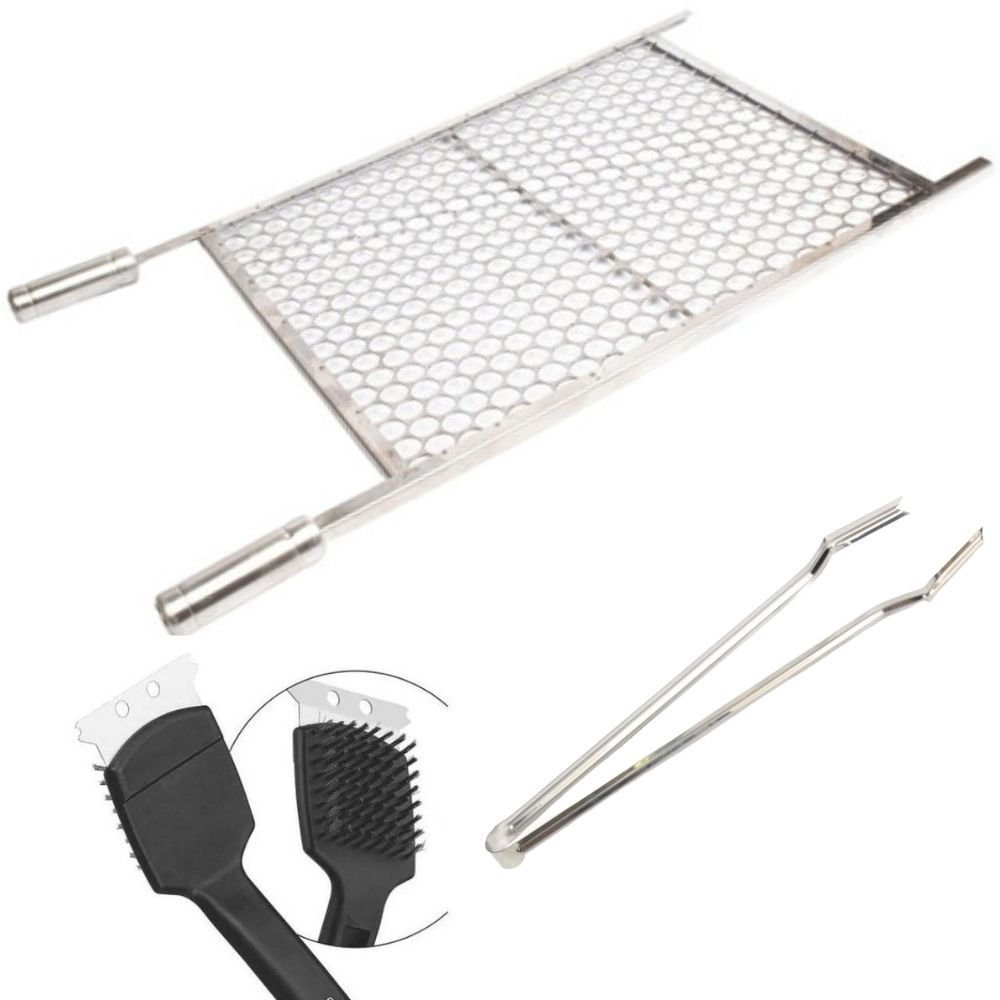 Kit Grelha Moeda Inox X Pegador De Carne E Limpa Grelha