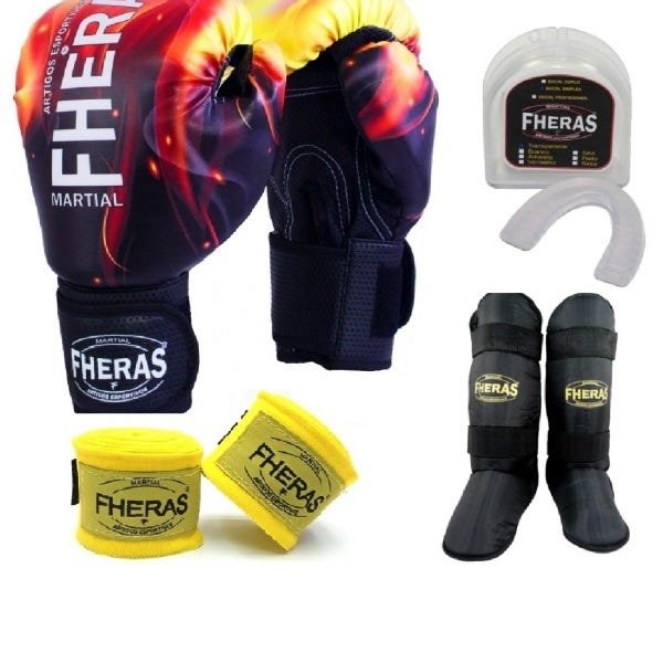 Kit Boxe Muay Thai Fheras New Top Luva Band Bucal Caneleira Free Fogo