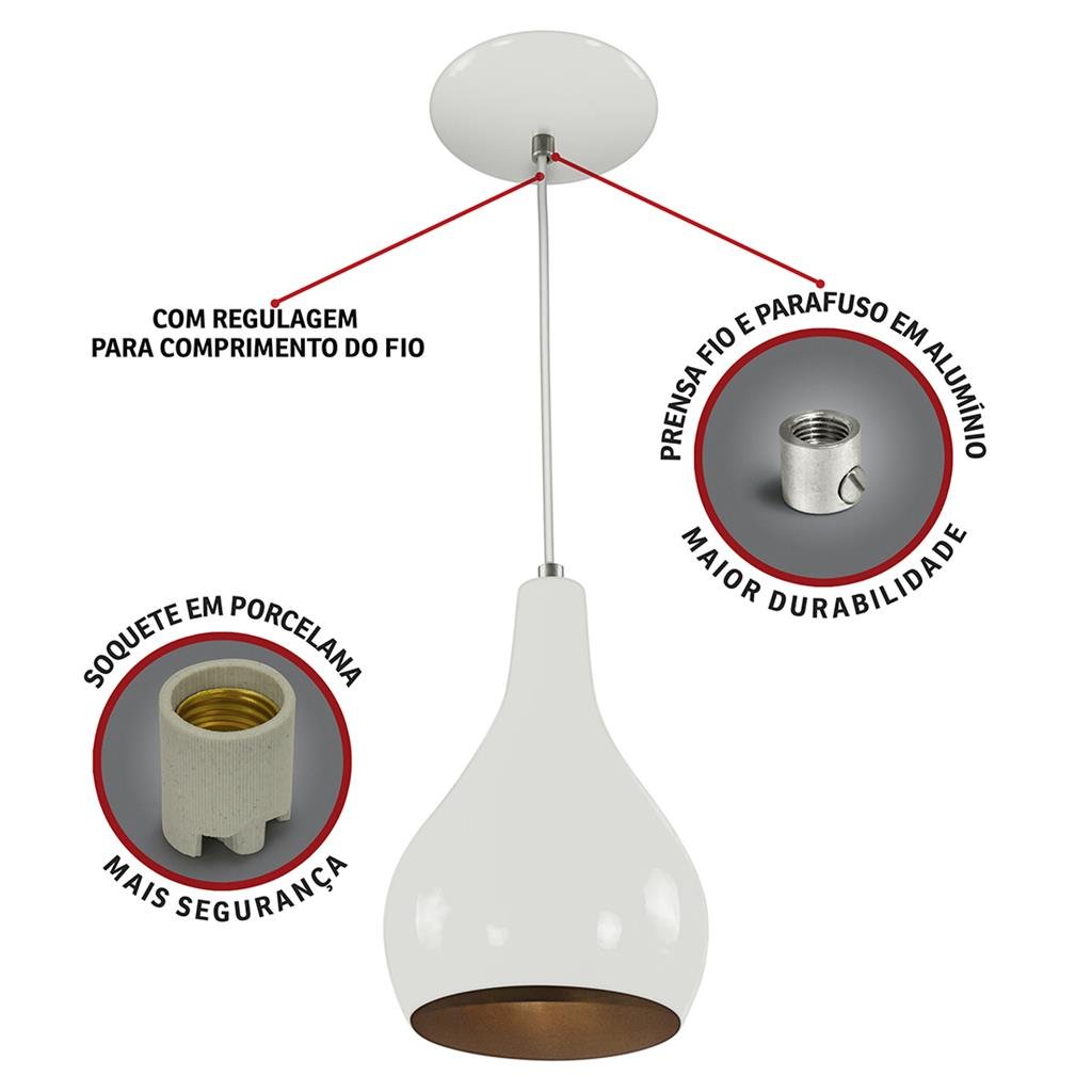 Pendente Nepal Drop Premium Gourmet Em Aluminio Branco Cobre