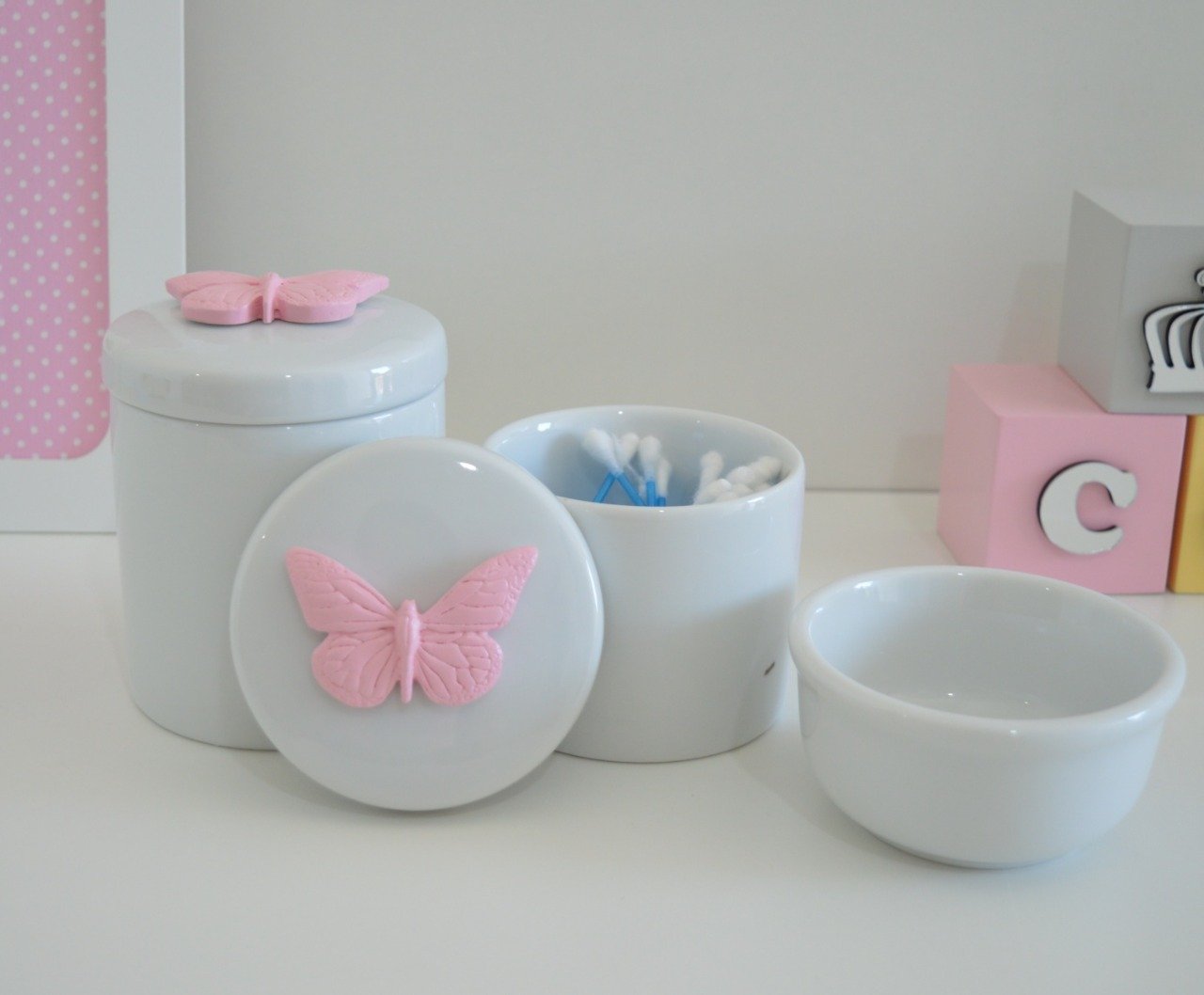 Kit Higiene Porcelana Bebê Maternidade Potes Molhadeira Borboleta