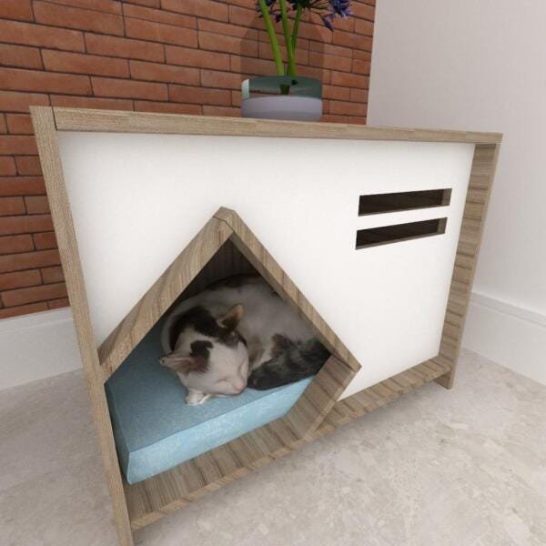 Casinha Caminha Gato Mdf Amadeirado Escuro Branco Madeiramadeira