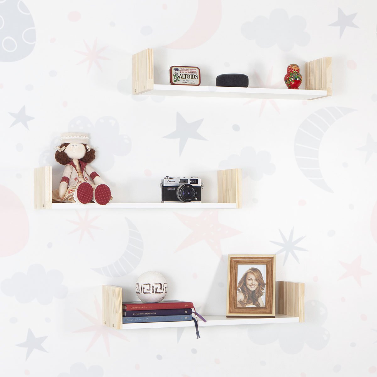 Kit 3 Prateleiras U Quarto Infantil Bebê Madeira Pinus e MDF Branco