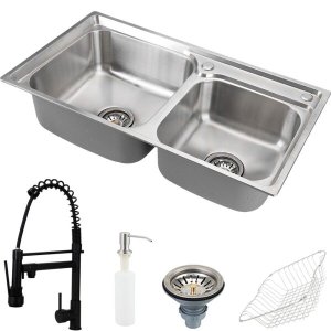 Cuba para cozinha pia dupla com acessórios Ticunas e Torneira monocomando gourmet Munim Preto