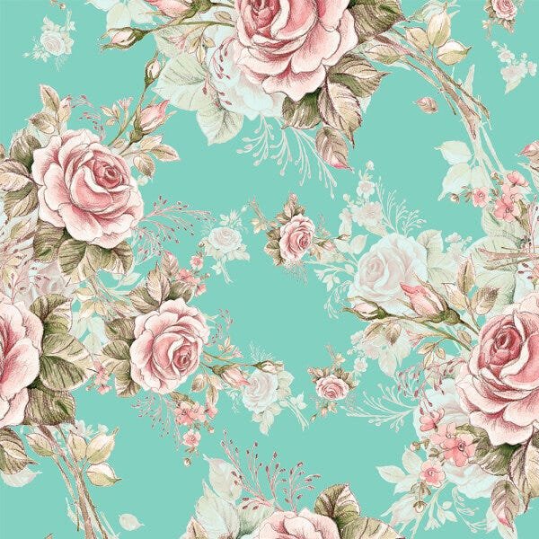 Papel De Parede Floral Rosa Verde Fundo Azul Turquesa Laminação