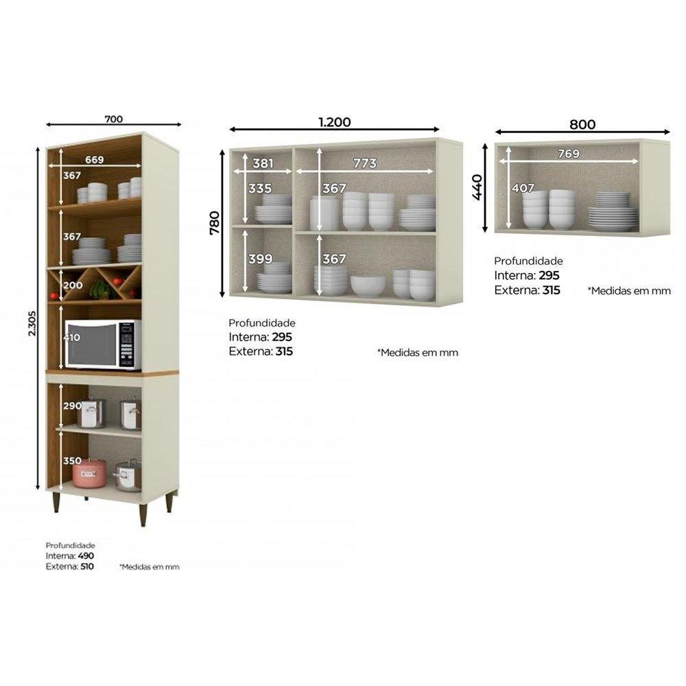 Kit de Cozinha Completa 3 Peças Essência 2 Armários 1 Cristaleira