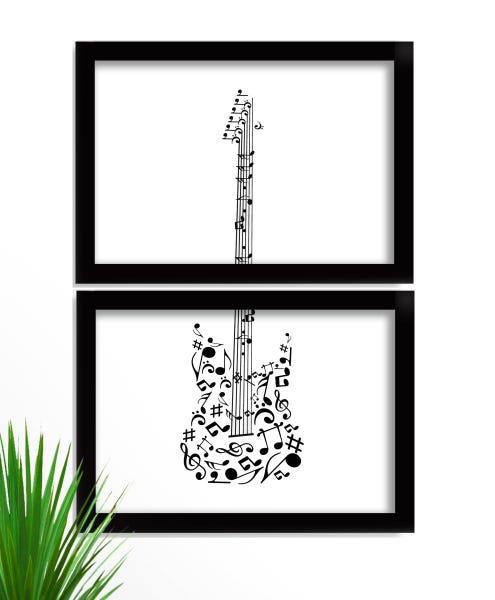 Kit 2 Quadros Decorativo Moldura Guitarra Notas Musicais