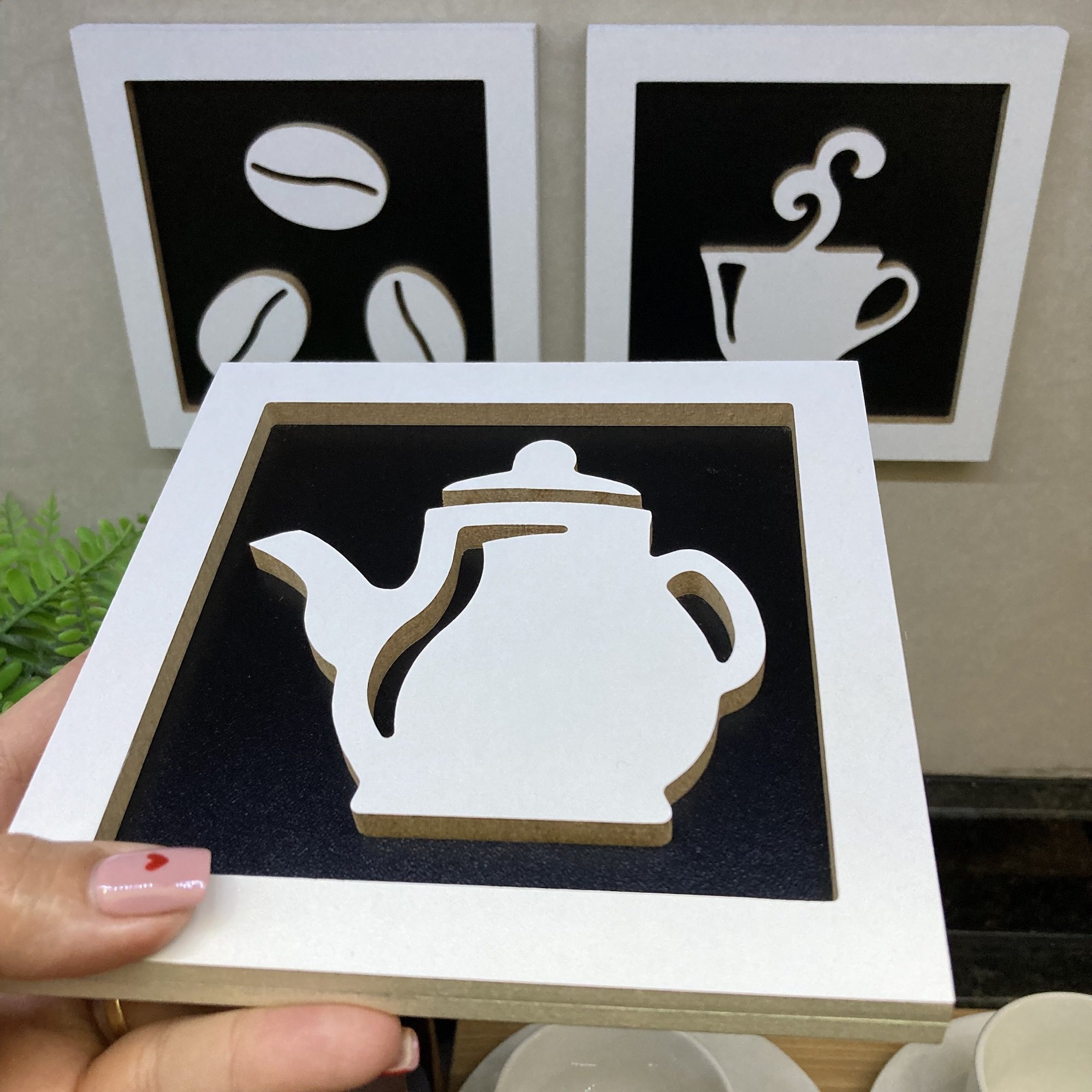 Kit Quadros Decorativos Cantinho Do Caf Frase D Relevo Branco E