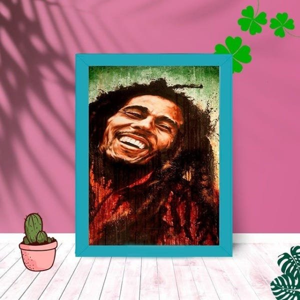 Quadro Decorativo Bob Marley Moldura E Vidro X Azul