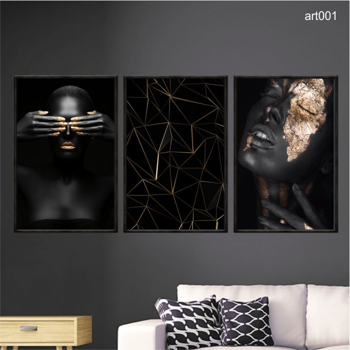 Kit Quadros Decorativos Impressao U V Em Vidro Mulher Dourado