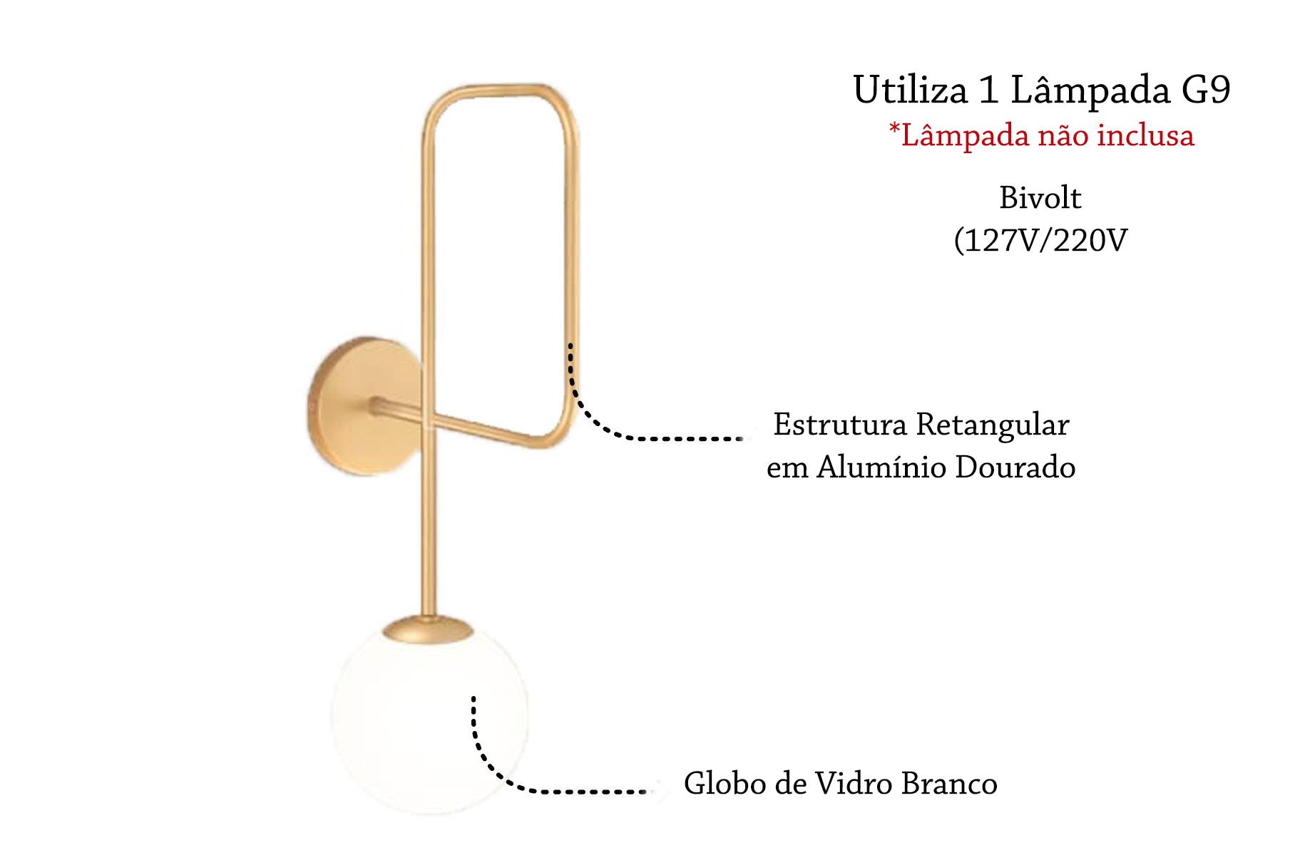 2 Arandela Haste Loop Retangular Dou Globo Vidro Branco Lup43