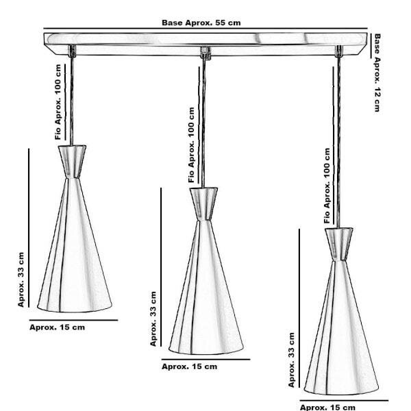 Lustre Pendente Funil Triplo Base Retangular Branco Cobre MadeiraMadeira