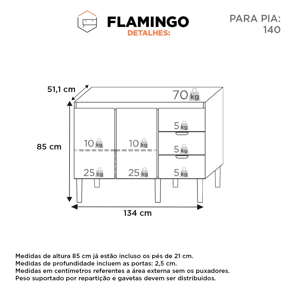 Gabinete De Cozinha Para Pia De 140 Em Madeira Flamingo 3 Gavetas