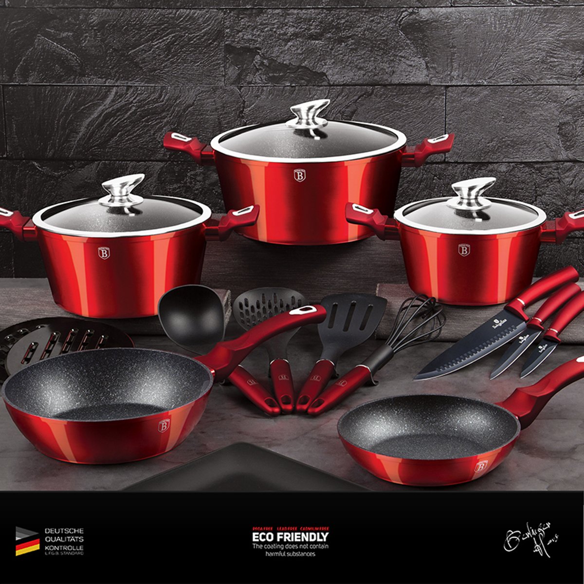 Jogo Panelas e Utensílios 17 Peças Burgundy Berlinger Haus Kit Gourmet