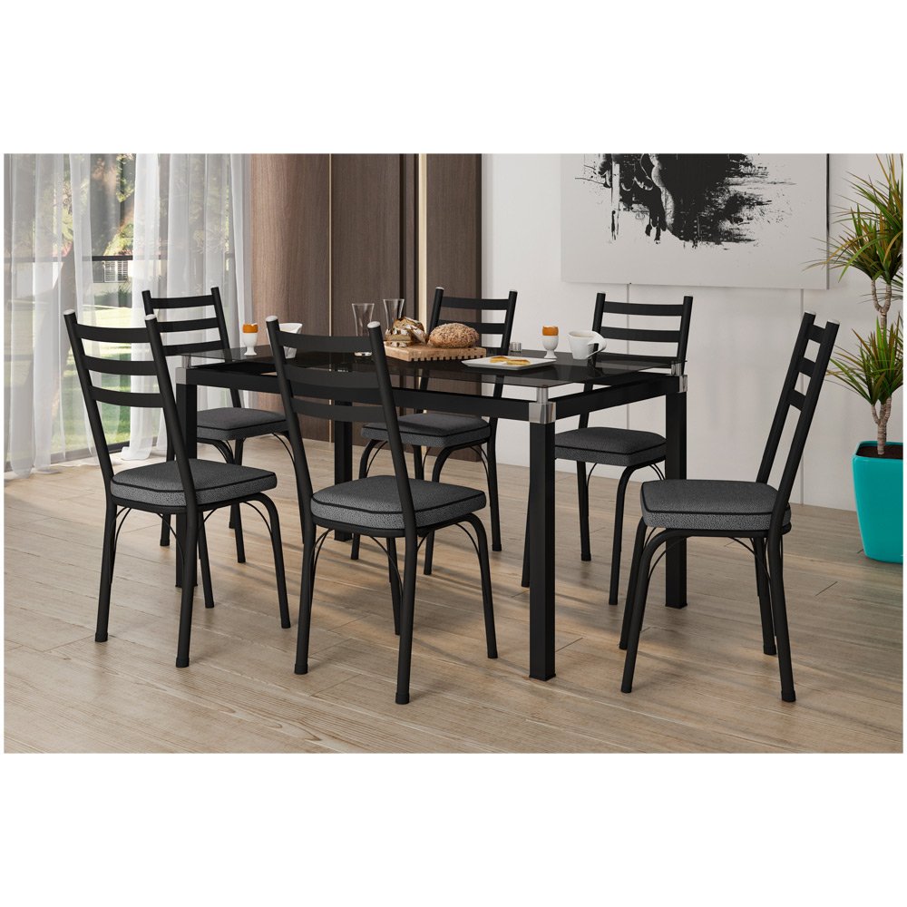 Conjunto De Mesa Malva 6 Cadeiras Tampo De Vidro 140cm SF Preto