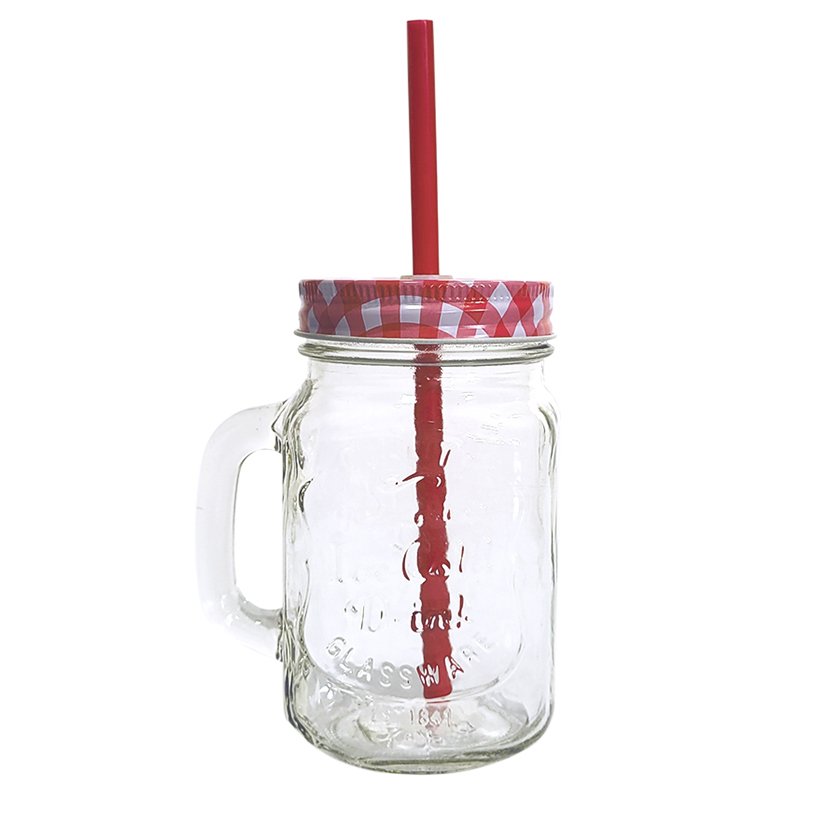 Caneca Vidro Tampa Canudo Jarra Cerveja Drink Mason Jar S