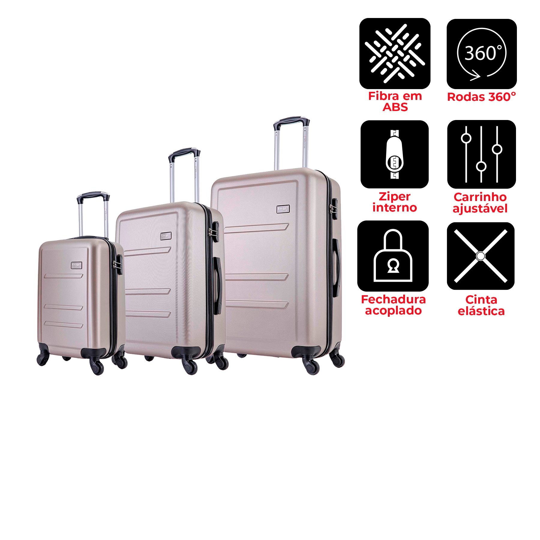 Kit 3 Mala De Viagem Rodas 360 Pmg Montreal Champagne Swiss Move