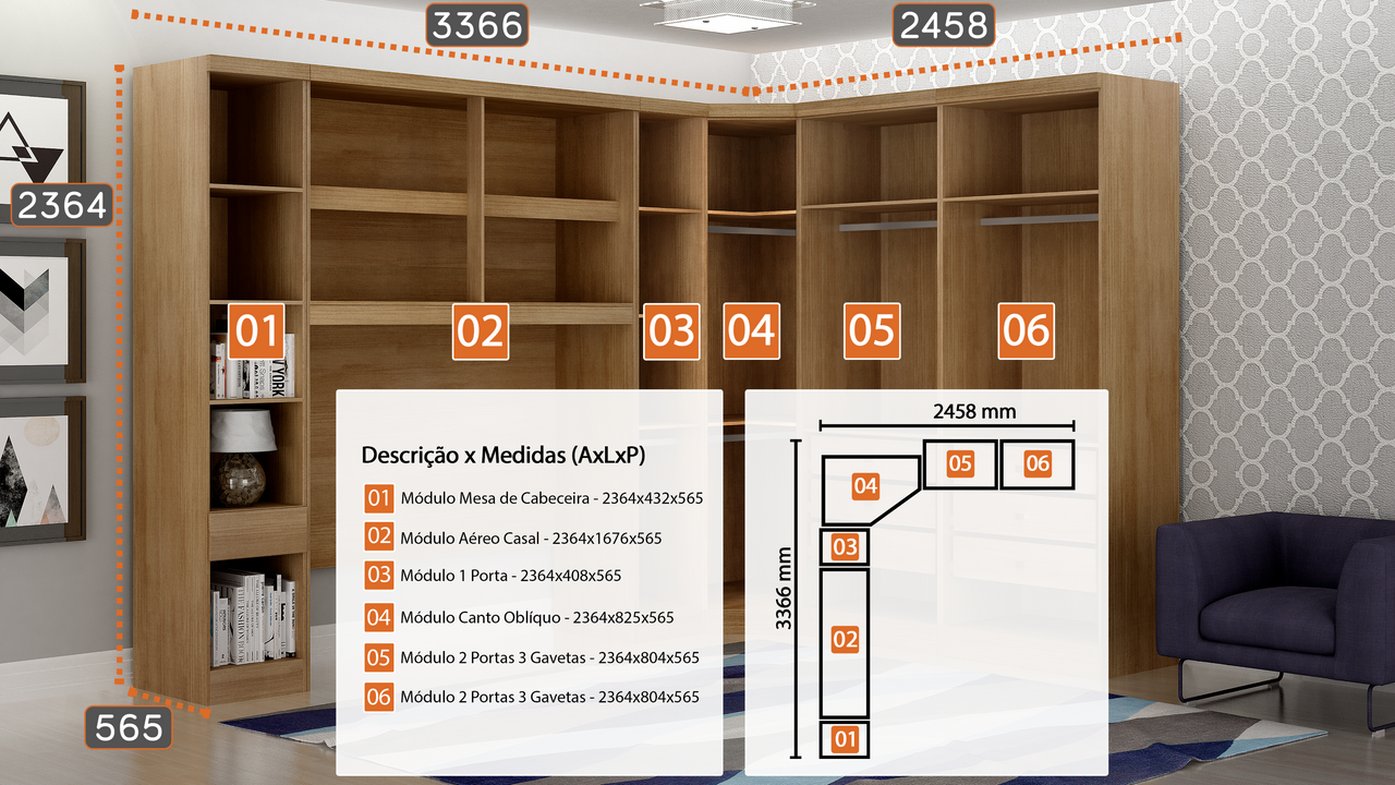 Modulado Completo Casal 6 Portas 6 Gavetas Rizon Cumaru Móveis Novo