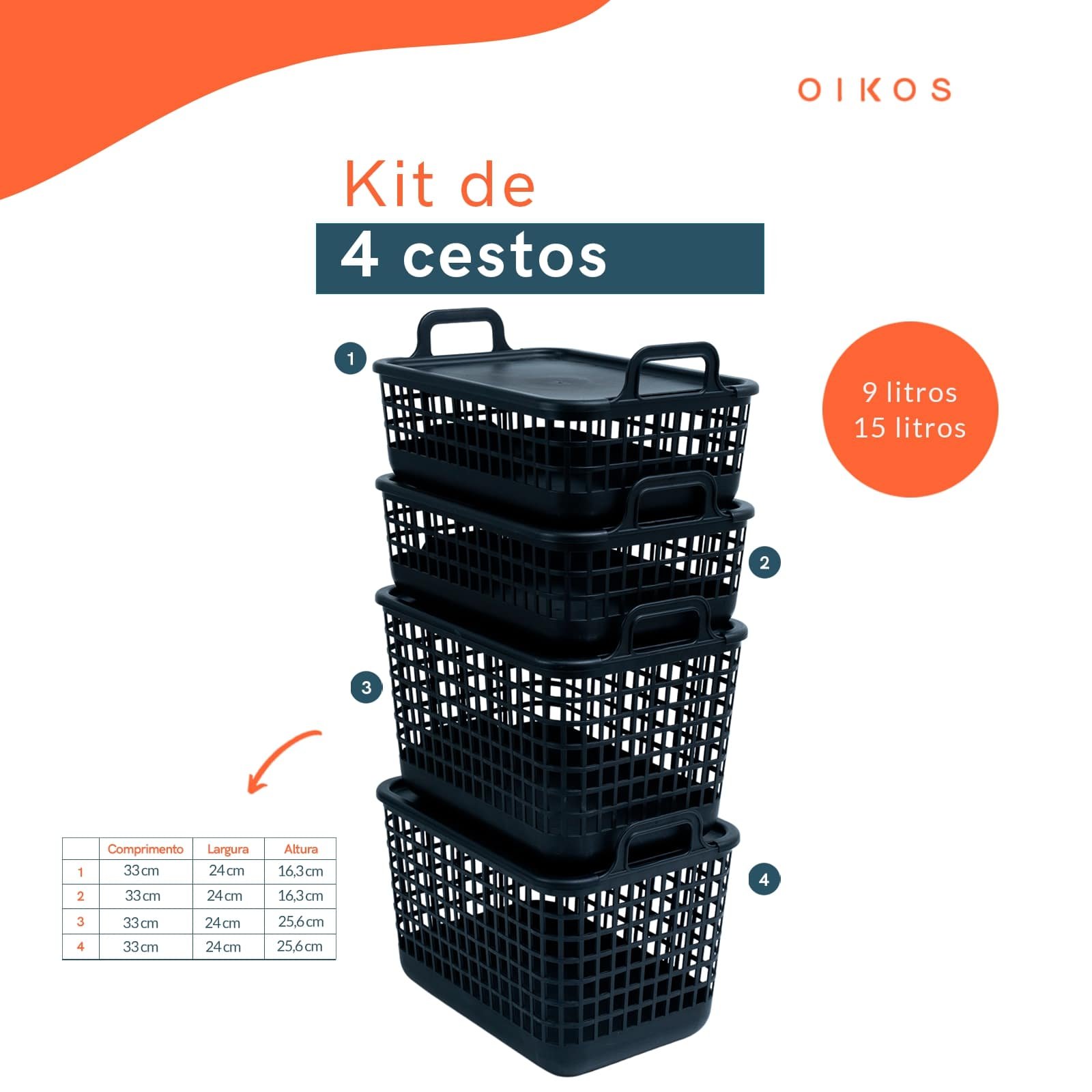 Kit Cestos Telados De Pl Stico C Tampa P M Preto Oikos