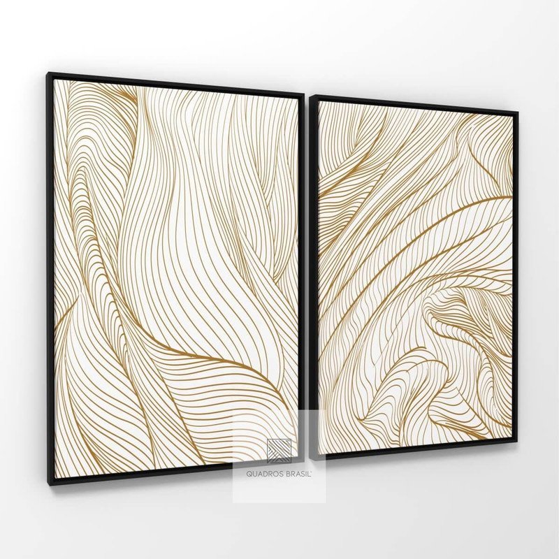 Quadro Decorativo Abstrato Duo Linhas Curvas Douradas Madeiramadeira