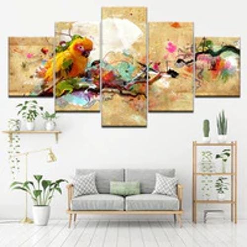 Quadro Decorativo Mosaico De 5 Peças Pintura Papagaio MadeiraMadeira