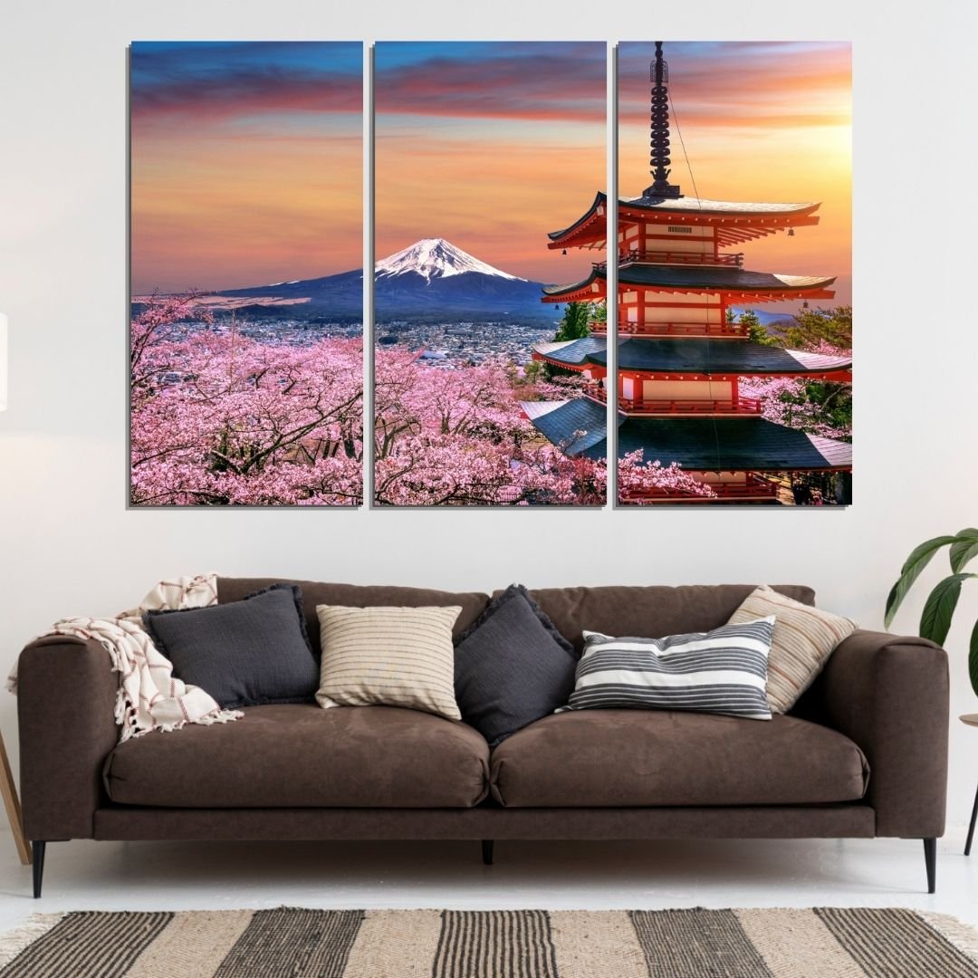 Quadro Decorativo 3 Telas Cerejeiras Monte Fuji Templo Japão