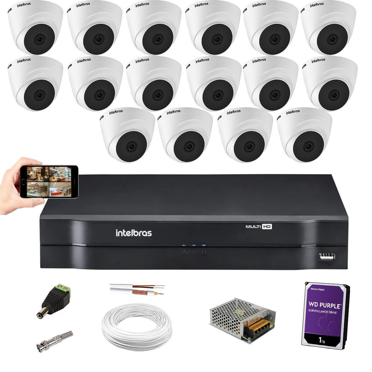 Kit CfTV 16 Câm Vhl 1220 D Intelbras DVR Mhdx 1116 C Hd 1Tb