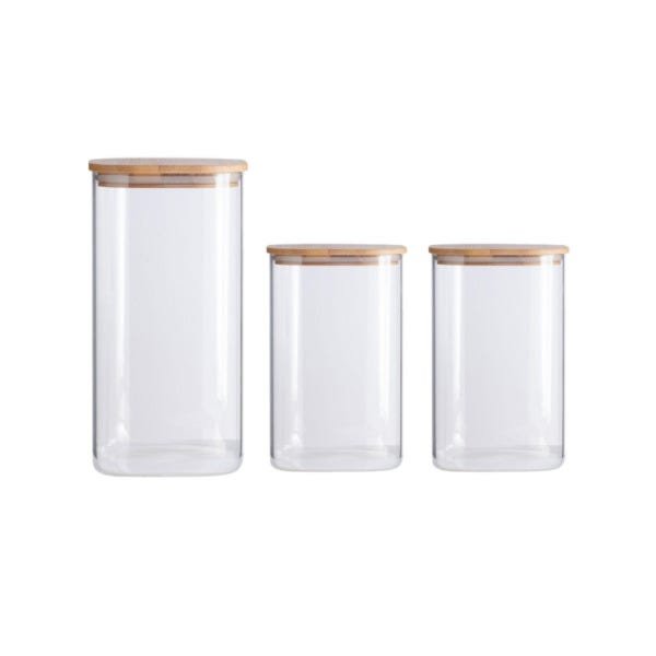 Kit 3 Potes Vidro Quadrado 800 1400Ml Tampa Bambu Oikos