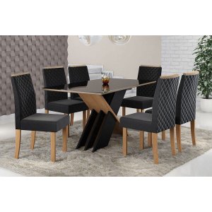 Conjunto Sala de Jantar Mesa 6 Lugares Retangular Tampo MDF/Vidro 160cm Mel/Preto - ClickLar