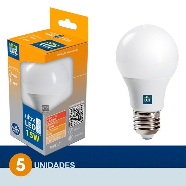 Kit 05 Lâmpada Led Bulbo A65 15w E27 6500K Bivolt Branco Frio Ultraluz