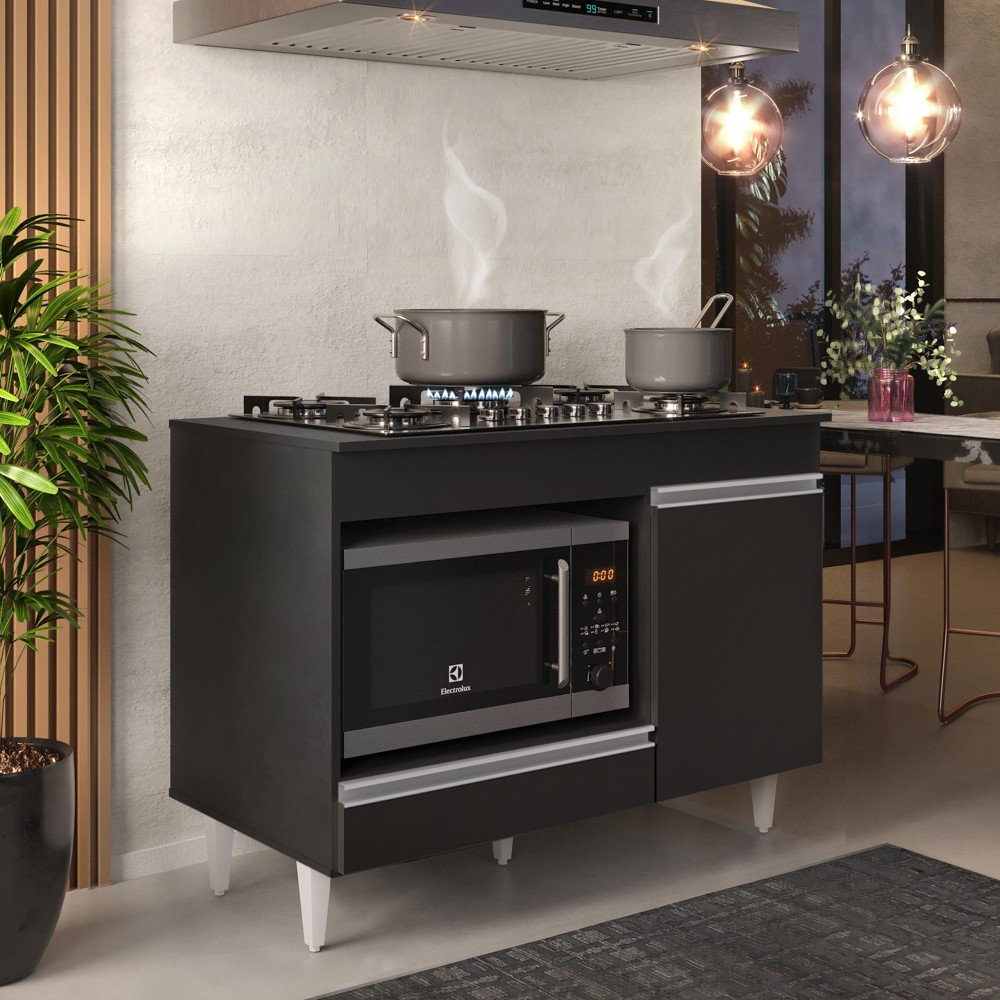 Balcão Multiuso para Cooktop 4 Bocas Georgia Preto Lumil Móveis