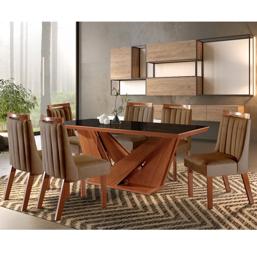 Conjunto Sala De Jantar Mesa Apollo Tampo MDF Vidro E 6 Cadeiras Lottus