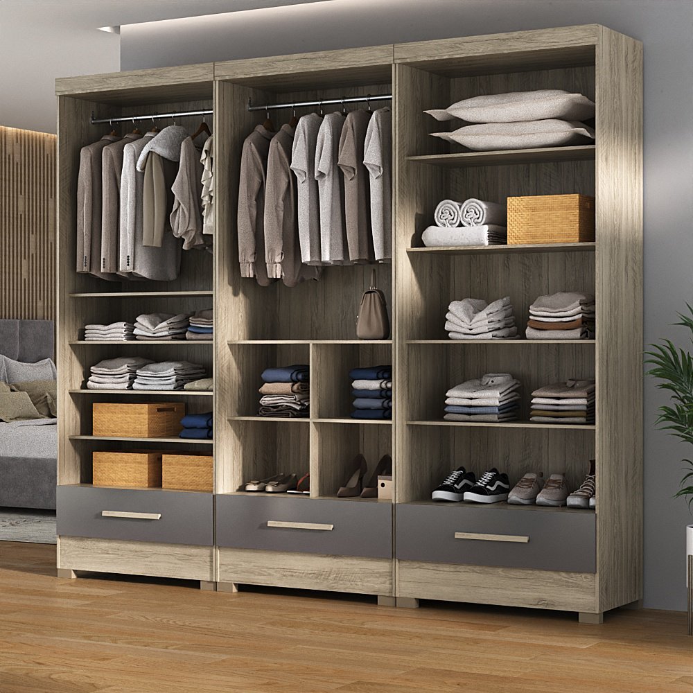 Closet Modulado Abel 3 Gavetas Carvalho Cinza Moville MadeiraMadeira