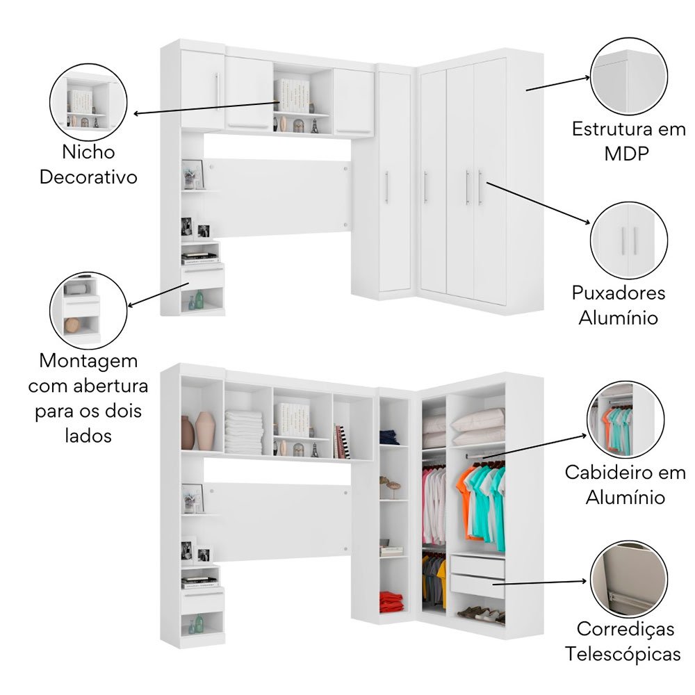 Quarto Modulado Casal De Canto 7 Portas 3 Gavetas Ponte De 1 50m