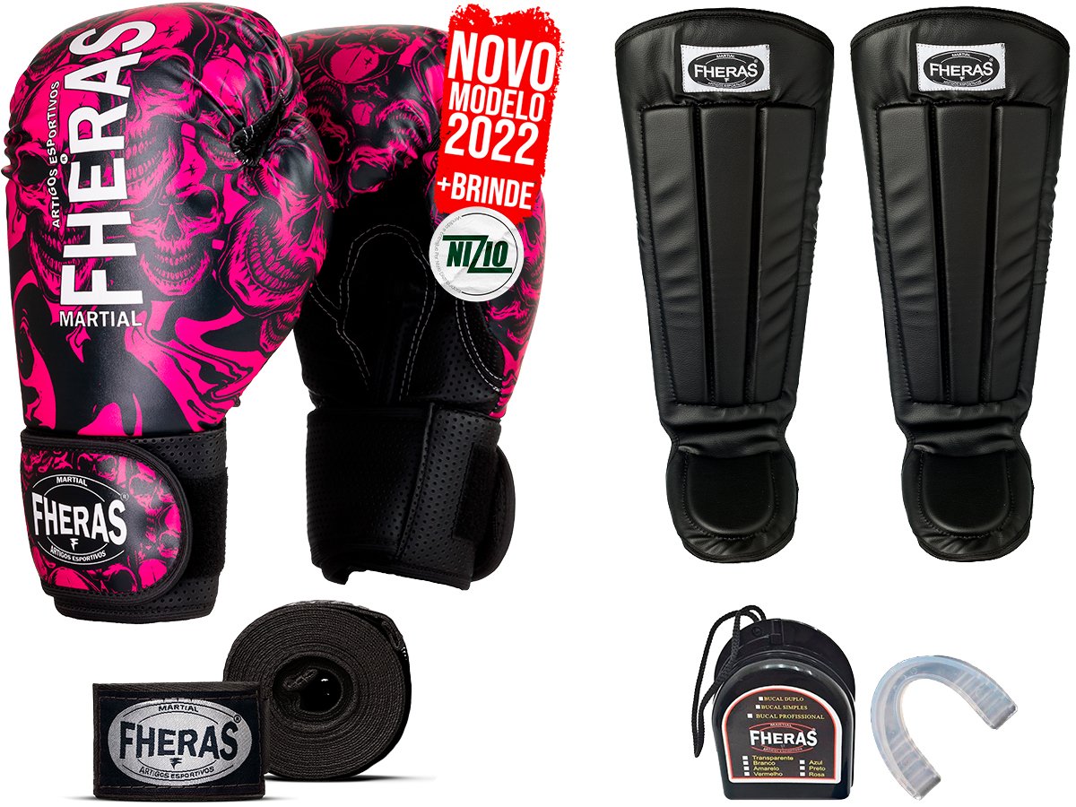 Kit Muay Thai Pro Caveira Rosa Bandagem Caneleira Bucal Oz