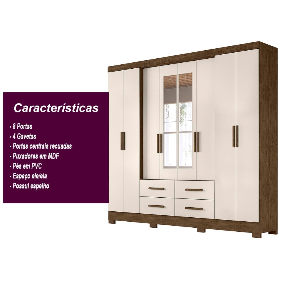 Guarda Roupa Casal 8 Portas Espelho 4 Gavetas Castanho Wood Baunilha