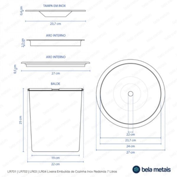 Lixeira De Cozinha Embutida Inox Redonda 7 Litros Bela Metais