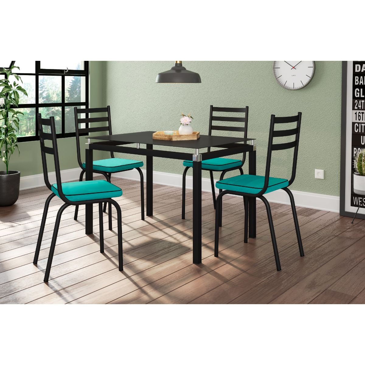 Conjunto De Mesa Malva Cm Cadeiras Tampo Em Vidro Base Preto