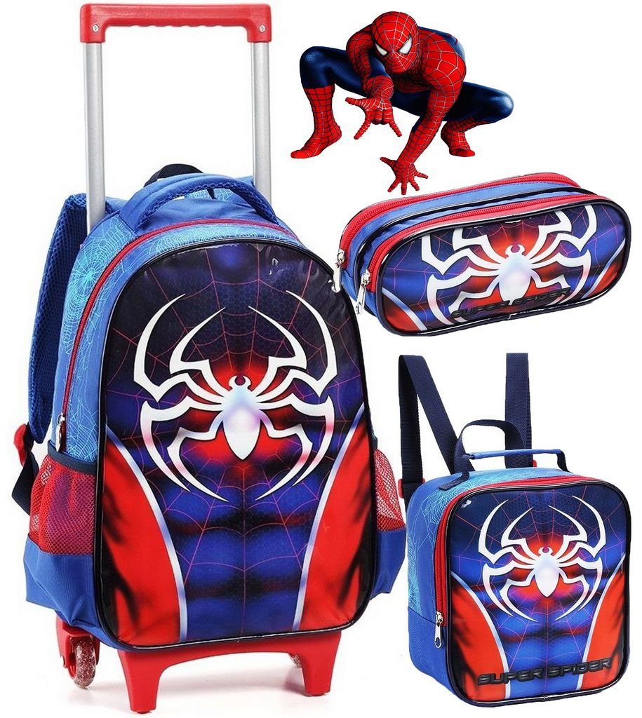 Kit Conjunto Mochila Homem Aranha Rodinha Carrinho Al As Costas Escolar